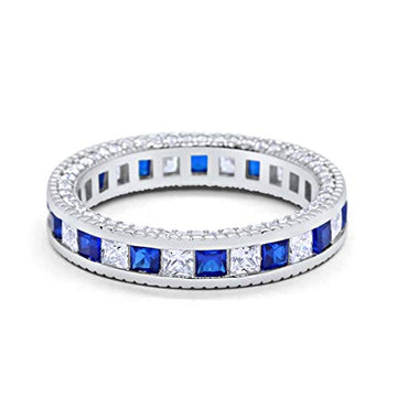 Alternating Princess Cut Simulated Blue Sapphire CZ 925 Sterling Silver